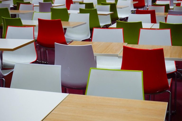 tables, chairs, sitting area, canteen, dining room, seating, red, green, canteen, canteen, canteen, canteen, canteen